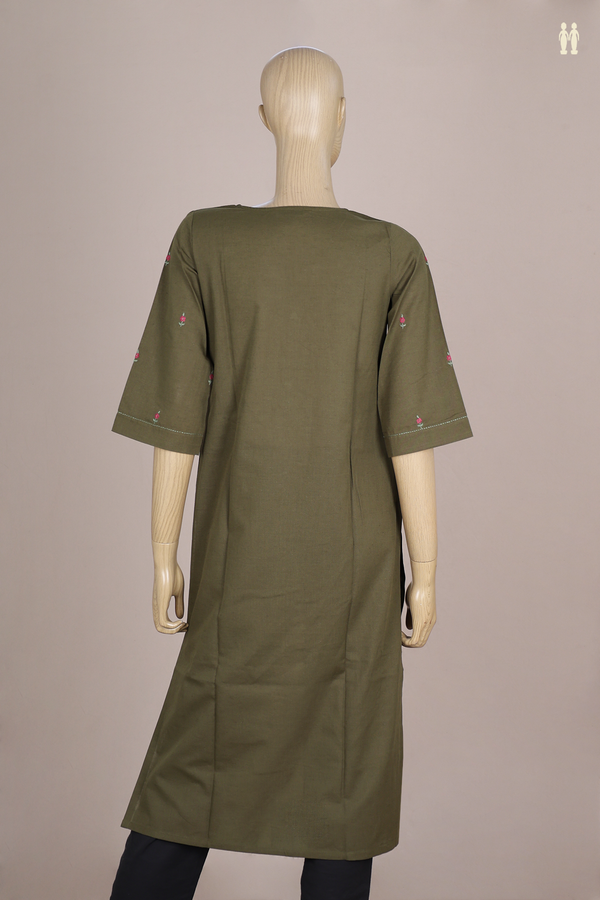 V-Neck Floral Buttas Olive Green Linen Long Kurta