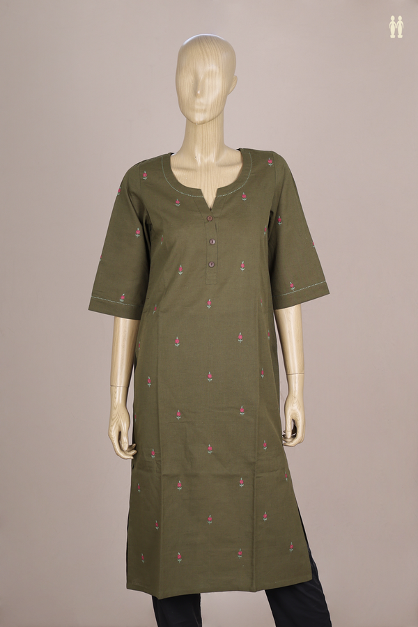 V-Neck Floral Buttas Olive Green Linen Long Kurta
