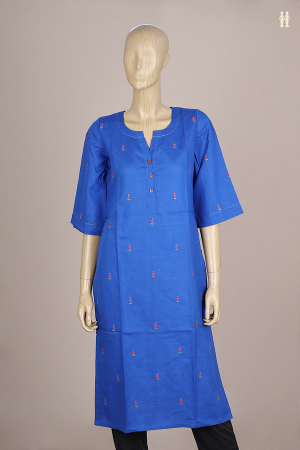 V-Neck Floral Buttas Royal Blue Linen Long Kurta
