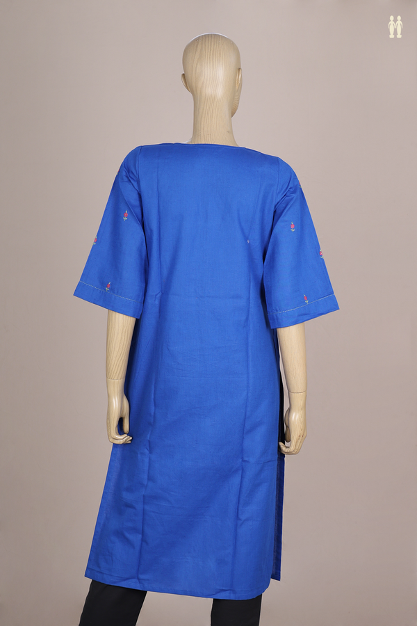 V-Neck Floral Buttas Royal Blue Linen Long Kurta