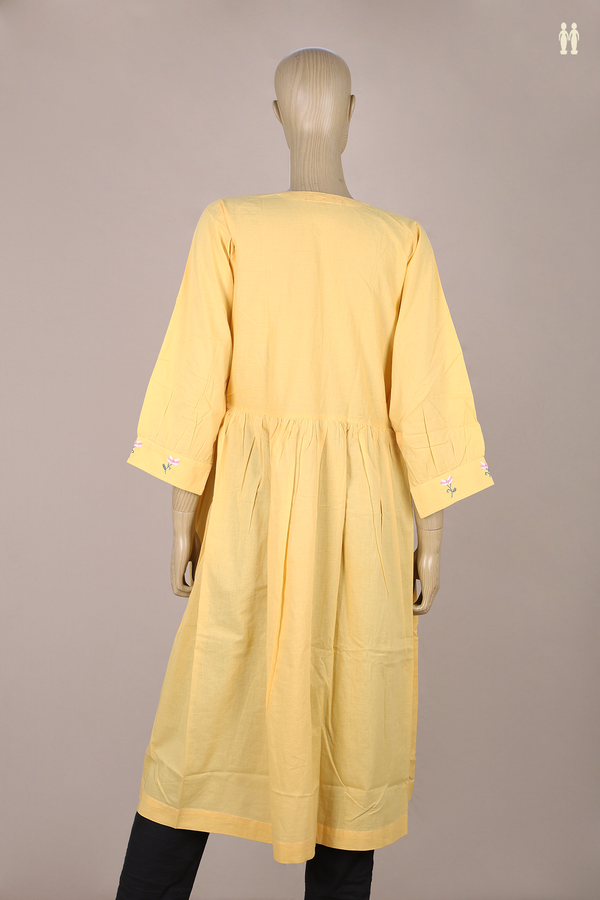 V-Neck Floral Buttas Yellow Dobby Cotton Long Kurta