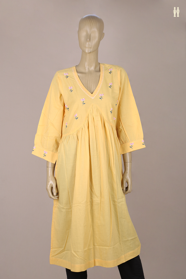 V-Neck Floral Buttas Yellow Dobby Cotton Long Kurta
