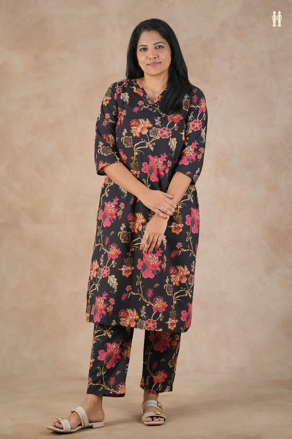 V-Neck Floral Design Black Cotton Salwar Set