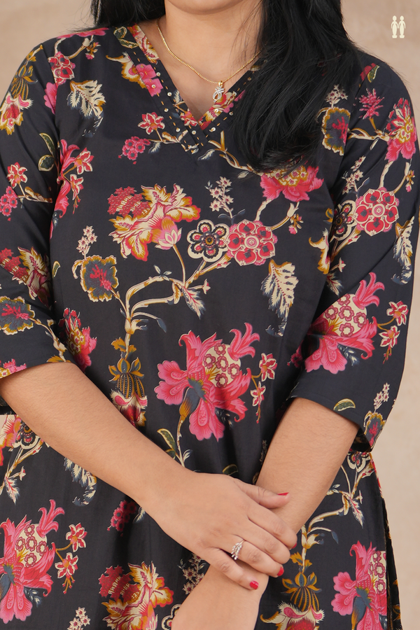 V-Neck Floral Design Black Cotton Salwar Set