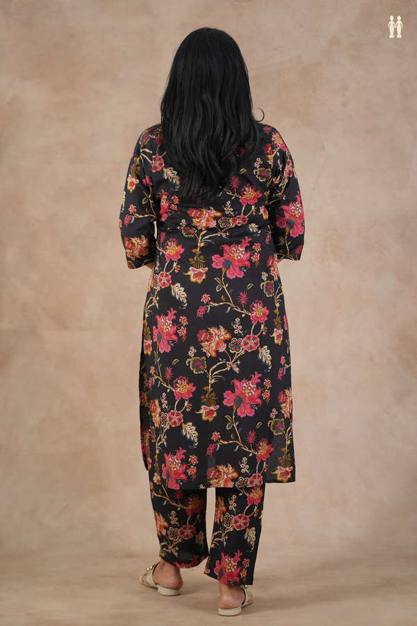 V-Neck Floral Design Black Cotton Salwar Set