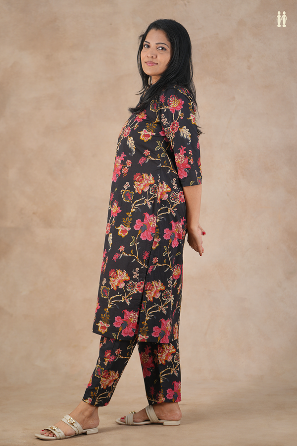 V-Neck Floral Design Black Cotton Salwar Set