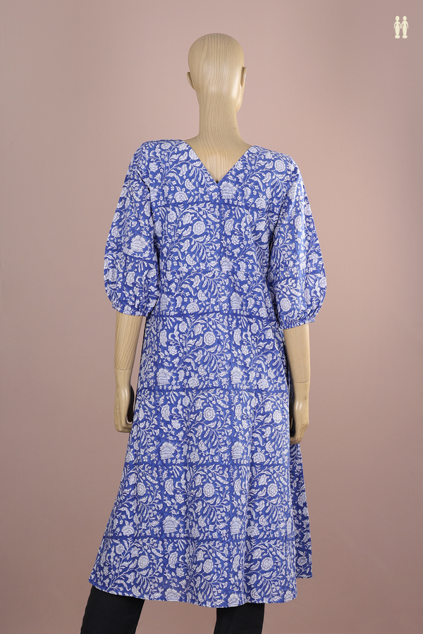 V-Neck Floral Design Blue Jaipur Cotton Long Kurta