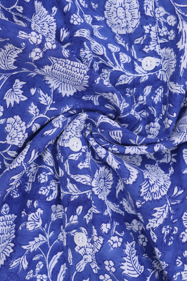 V-Neck Floral Design Blue Jaipur Cotton Long Kurta