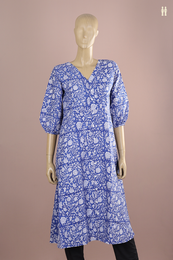 V-Neck Floral Design Blue Jaipur Cotton Long Kurta