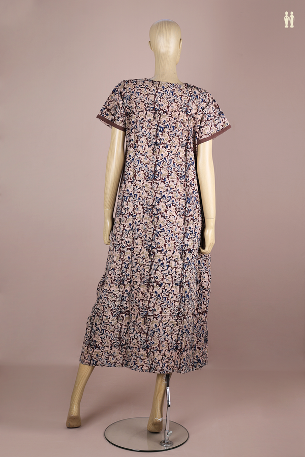 V-Neck Floral Design Brown Kalamkari Cotton Nightie