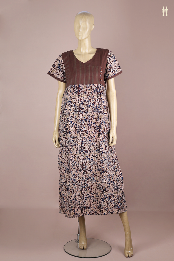 V-Neck Floral Design Brown Kalamkari Cotton Nightie