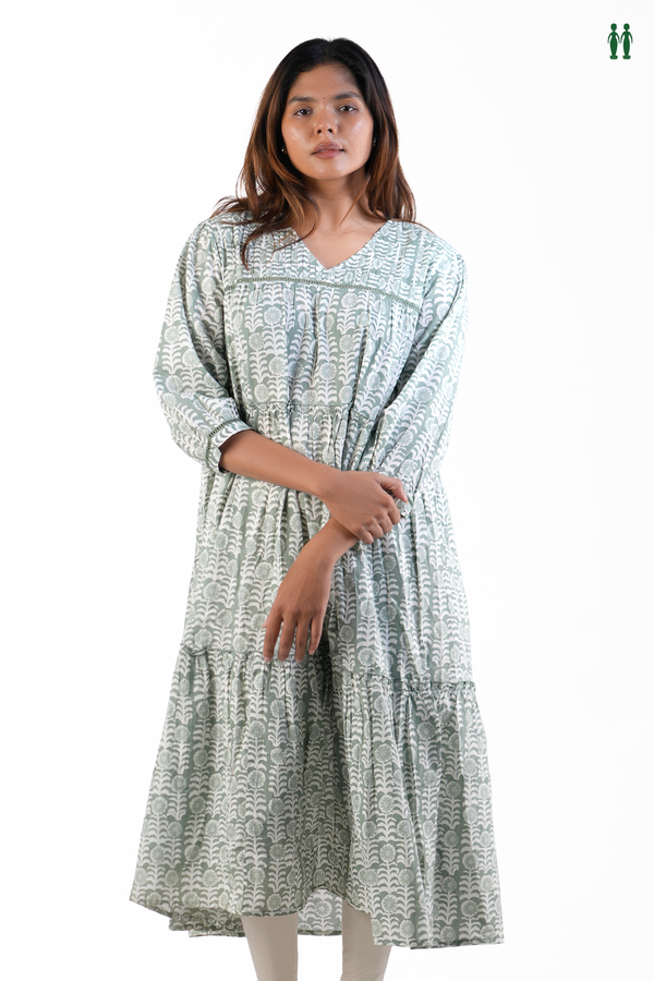 V-Neck Floral Design Dusty Green Cotton Long Kurta