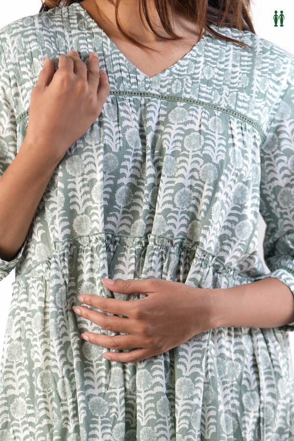 V-Neck Floral Design Dusty Green Cotton Long Kurta