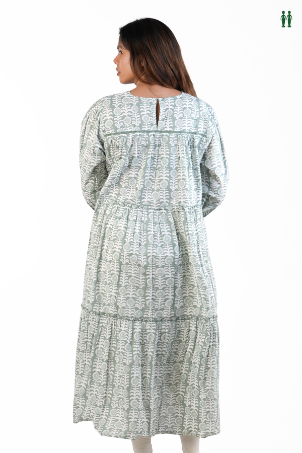 V-Neck Floral Design Dusty Green Cotton Long Kurta