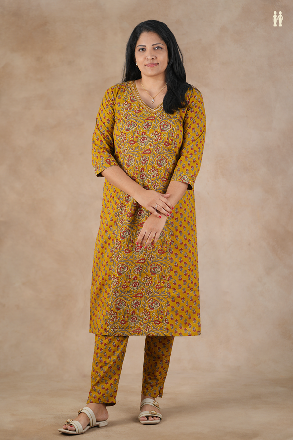 V-Neck Floral Design Golden Brown Cotton Salwar Set
