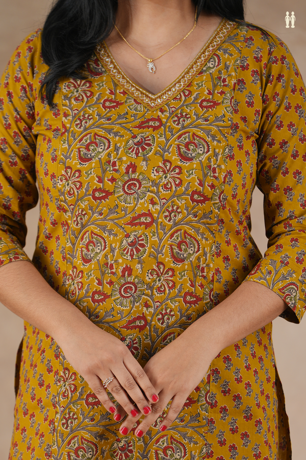 V-Neck Floral Design Golden Brown Cotton Salwar Set