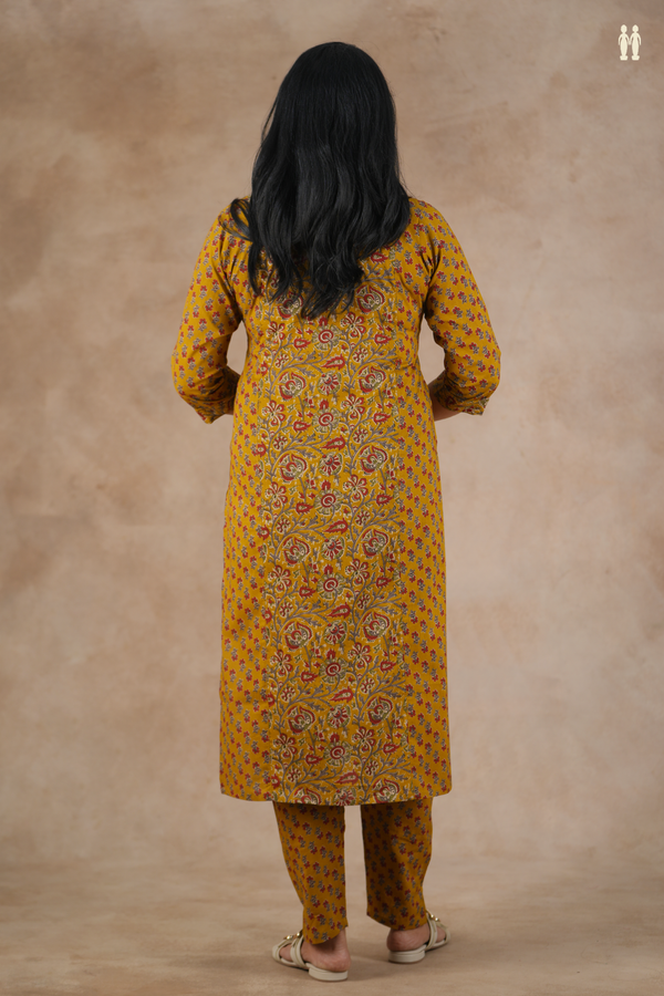 V-Neck Floral Design Golden Brown Cotton Salwar Set