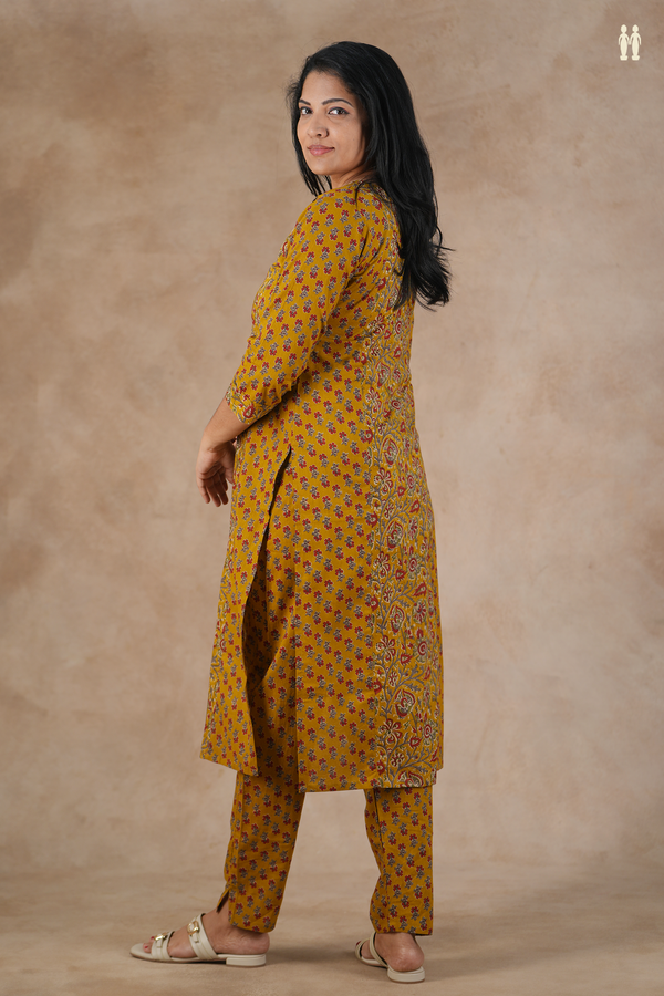 V-Neck Floral Design Golden Brown Cotton Salwar Set