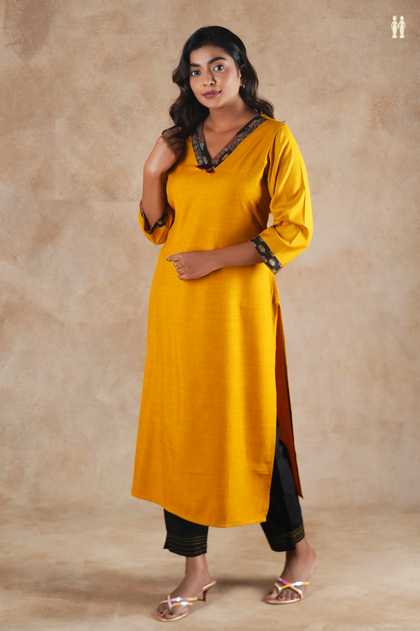 V-Neck Floral Design Saffron Yellow Cotton Long Kurta