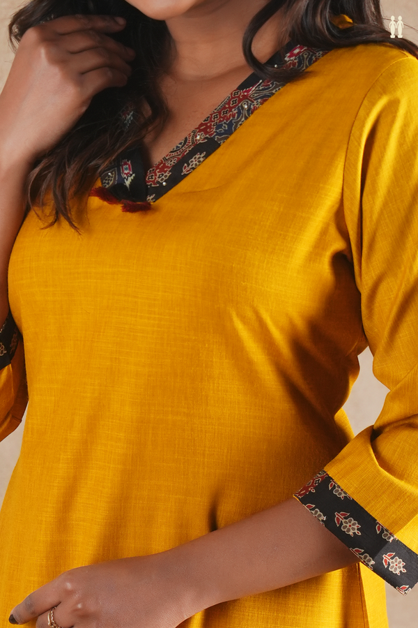 V-Neck Floral Design Saffron Yellow Cotton Long Kurta