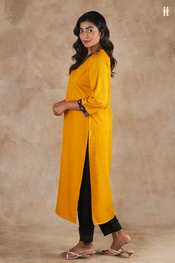 V-Neck Floral Design Saffron Yellow Cotton Long Kurta