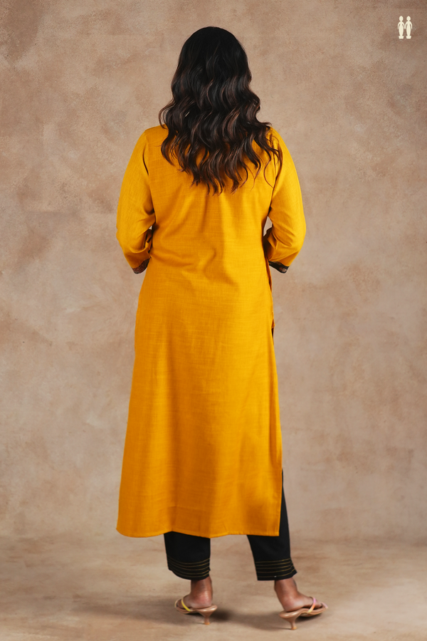 V-Neck Floral Design Saffron Yellow Cotton Long Kurta