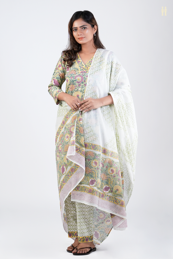 V-Neck Floral Design Green Printed Cotton Salwar Set