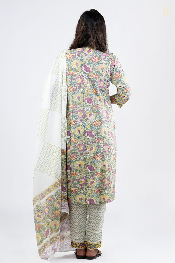 V-Neck Floral Design Green Printed Cotton Salwar Set