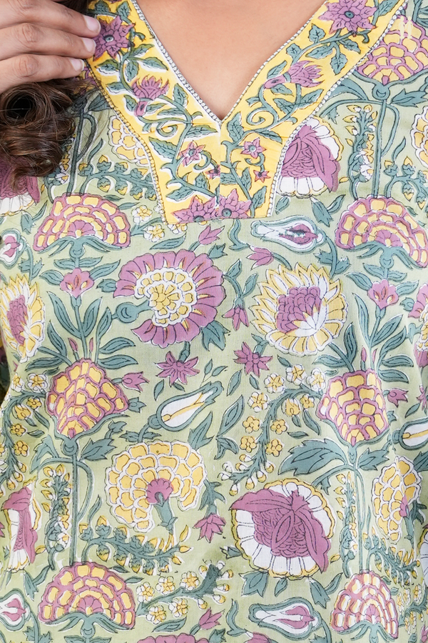 V-Neck Floral Design Green Printed Cotton Salwar Set