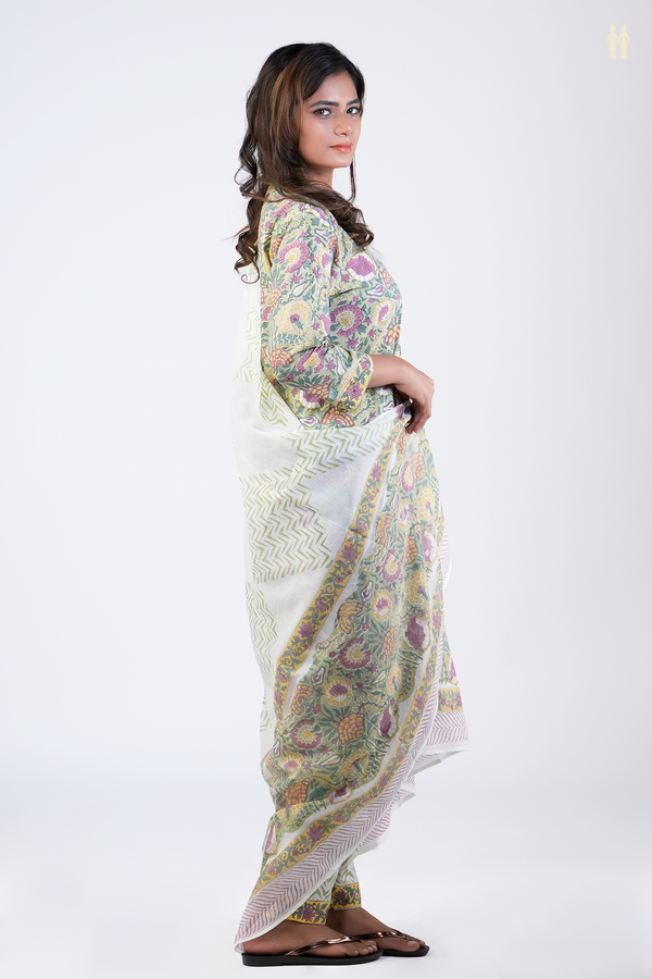 V-Neck Floral Design Green Printed Cotton Salwar Set