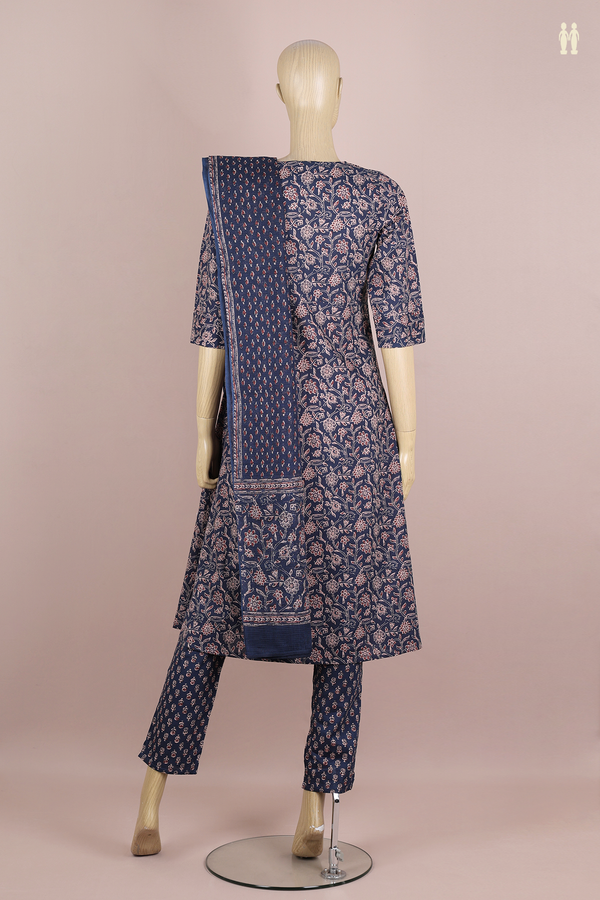 V-Neck Floral Design Navy Blue Cotton Salwar Set