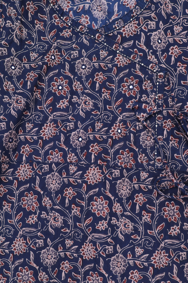 V-Neck Floral Design Navy Blue Cotton Salwar Set