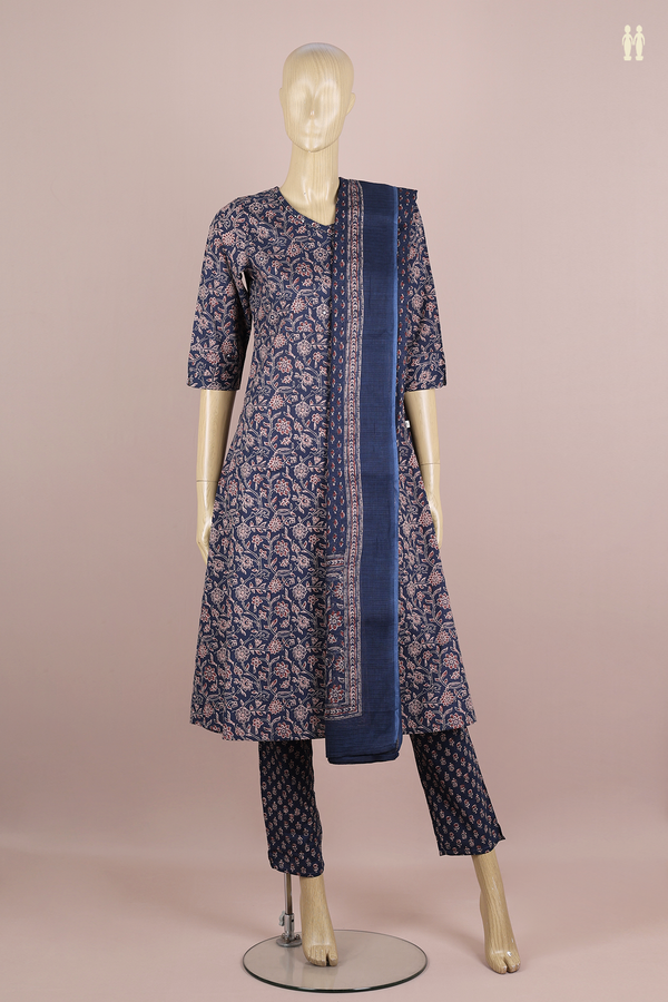 V-Neck Floral Design Navy Blue Cotton Salwar Set