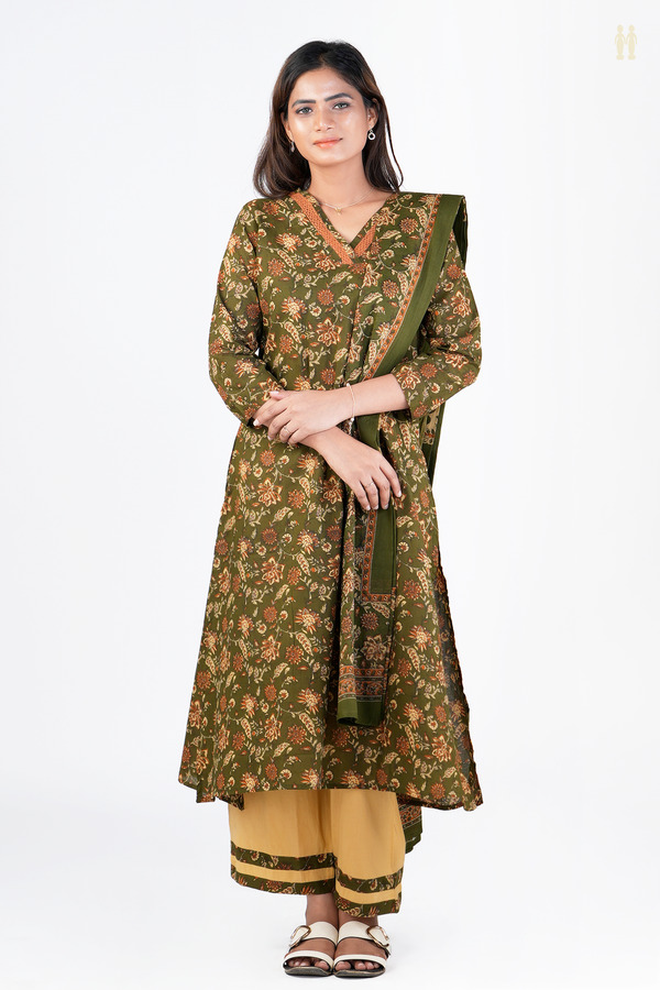 V-Neck Floral Design Olive Green Dobby Cotton Salwar Set
