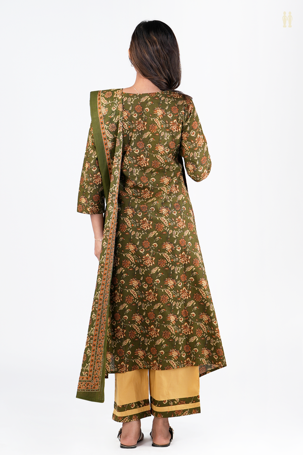 V-Neck Floral Design Olive Green Dobby Cotton Salwar Set