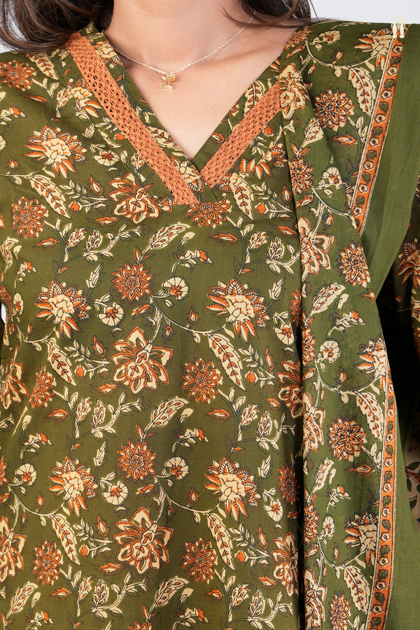 V-Neck Floral Design Olive Green Dobby Cotton Salwar Set