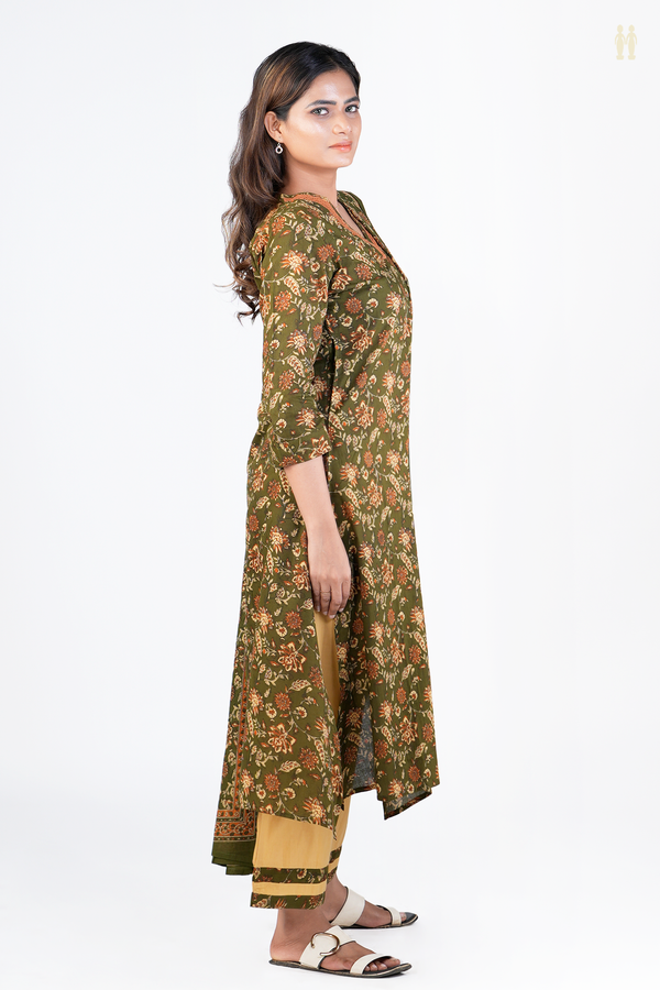 V-Neck Floral Design Olive Green Dobby Cotton Salwar Set