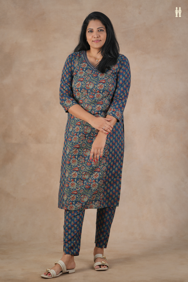 V-Neck Floral Design Prussian Blue Cotton Salwar Set