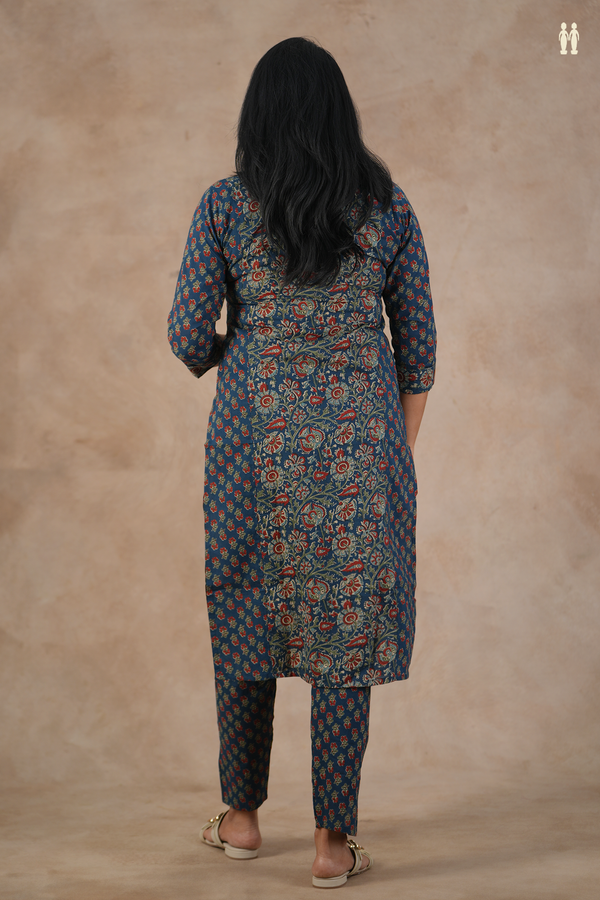V-Neck Floral Design Prussian Blue Cotton Salwar Set