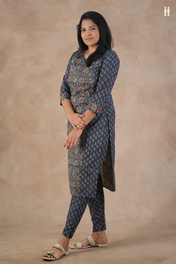 V-Neck Floral Design Prussian Blue Cotton Salwar Set