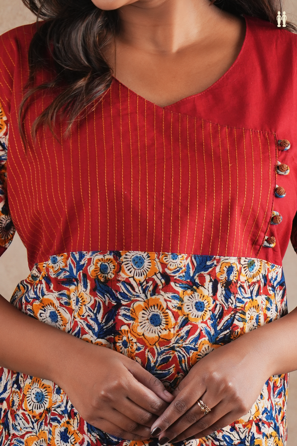 V-Neck Floral Design Red Cotton Nightie