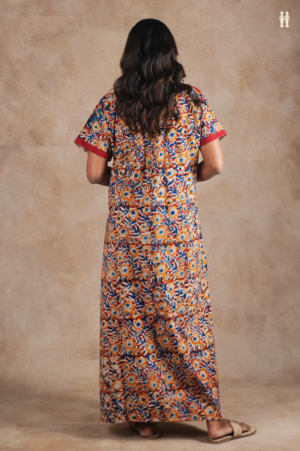 V-Neck Floral Design Red Cotton Nightie