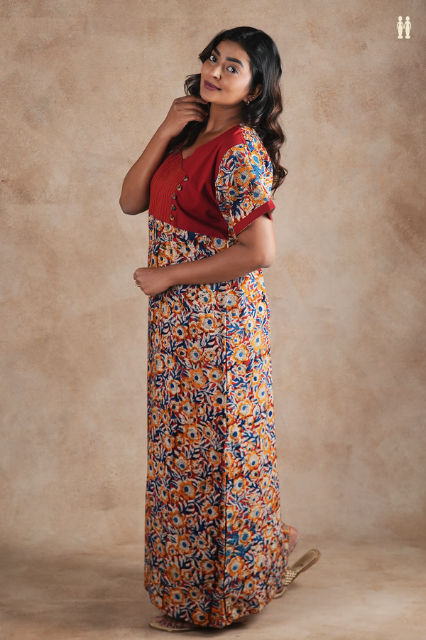 V-Neck Floral Design Red Cotton Nightie
