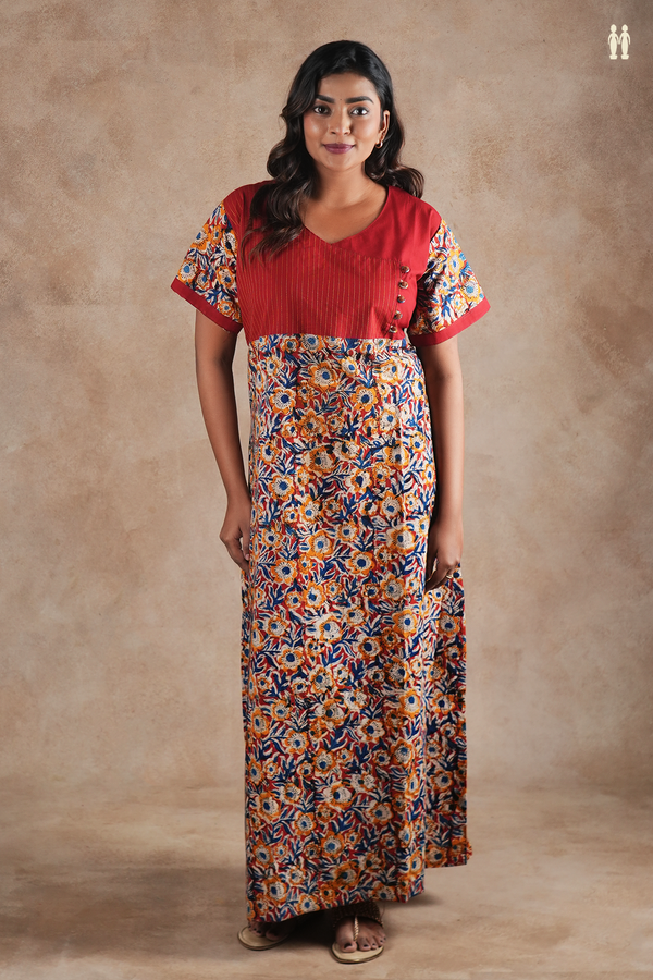 V-Neck Floral Design Red Cotton Nightie
