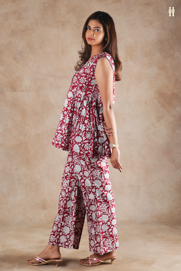 V-Neck Floral Design Red Cotton Top And Bottom Set