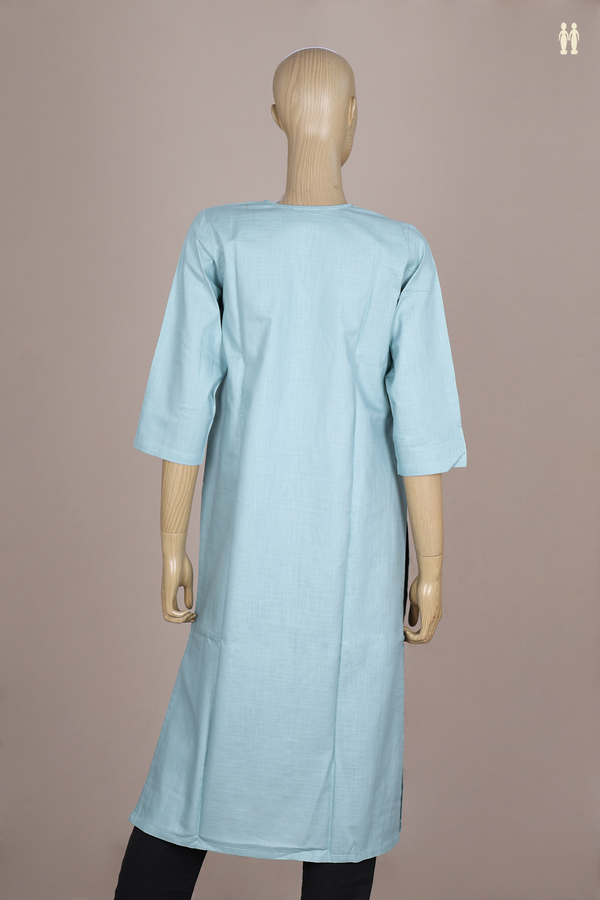 V-Neck Floral Design Turkish Blue Linen Long Kurta