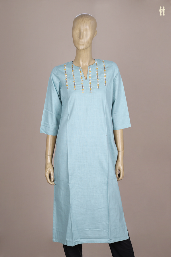 V-Neck Floral Design Turkish Blue Linen Long Kurta