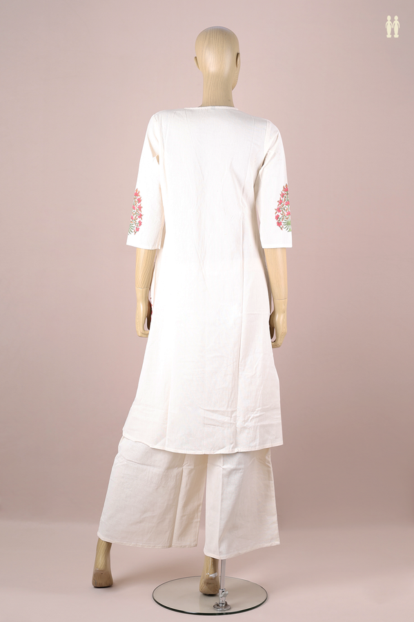 V-Neck Floral Design White Cotton Salwar Set
