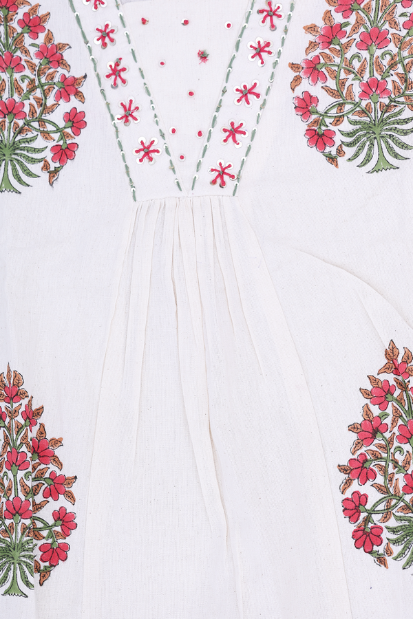 V-Neck Floral Design White Cotton Salwar Set