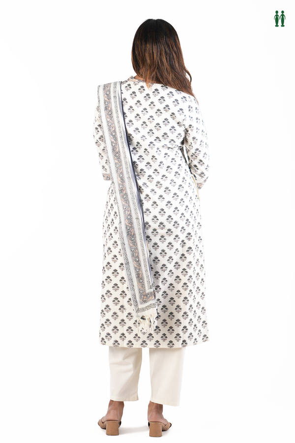 V-Neck Floral Design White Cotton Salwar Set
